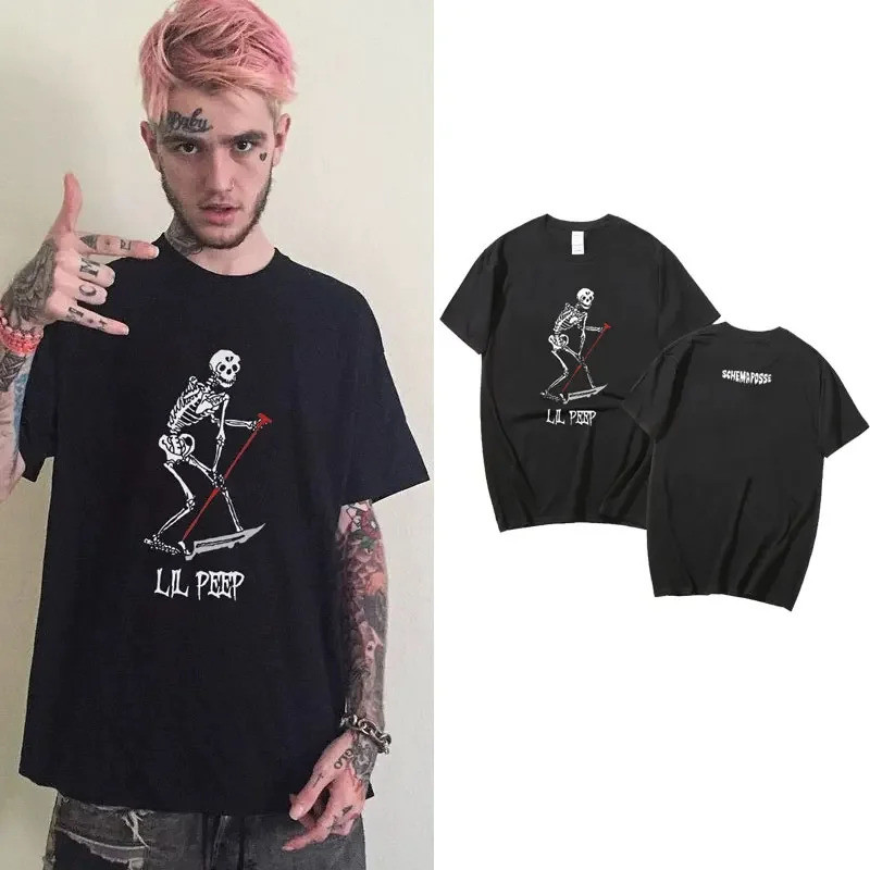 เสื้อยืดลายกราฟิกของแร็ปเปอร์ Lil Peep ลายหัวกะโหลก เสื้อยืดผู้ชายสไตล์ฮิปฮอปวินเทจ ทรงโอเวอร์ไซส์ ค