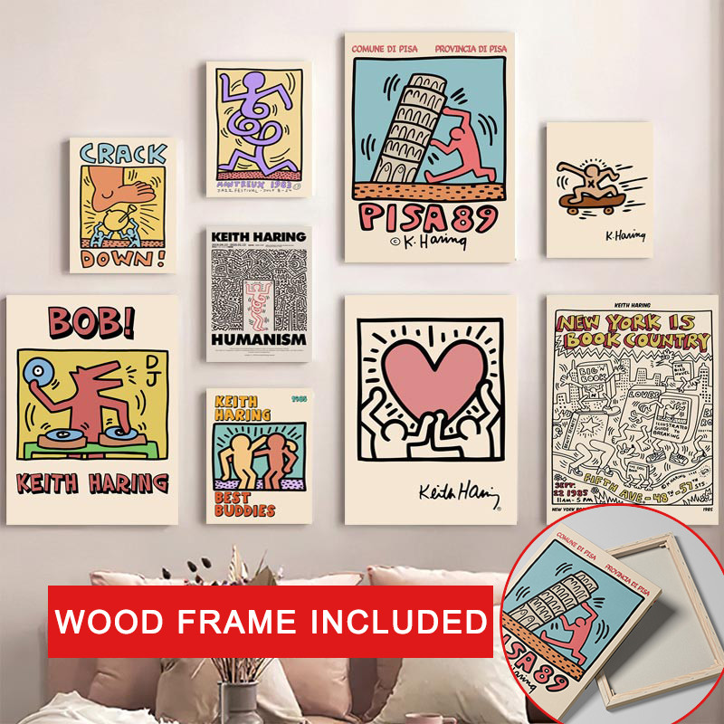 (พร้อมกรอบ)Keith Haring Gallery Wall Art Exhibition โปสเตอร์และพิมพ์ Graffiti ภาพวาดผ้าใบสําหรับตกแต่งห้องรูปภาพตกแต่งบ้าน