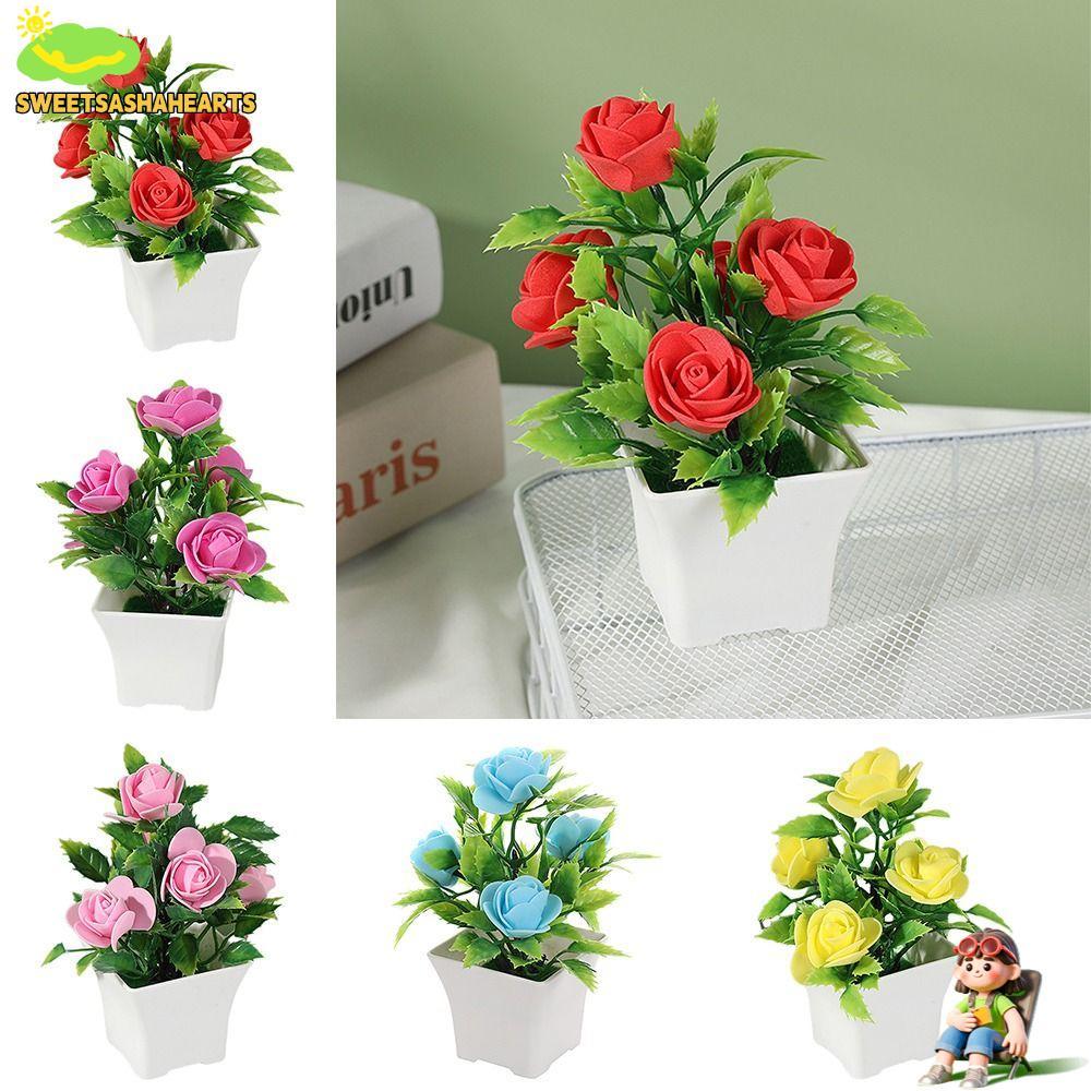 SWEE ประดิษฐ์ Rose กระถางต้นไม้, Miniscape พร้อมกระถางดอกไม้ประดิษฐ์, Vibrant สีสมจริงประดิษฐ์ Rose บอนไซตกแต่งชุดตกแต่งกลางแจ้ง