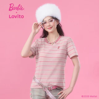 Barbie™ X Lovito แคชชวล เสื้อยืดลำลองแขนสั้นน่ารัก ผ้าฝ้าย 100% สีชมพูตัดกัน สำหรับฤดูใบไม้ผลิ/ฤดูร้อน สำหรับผู้หญิง เกาหลี อินเทรนด์ LB1AD015