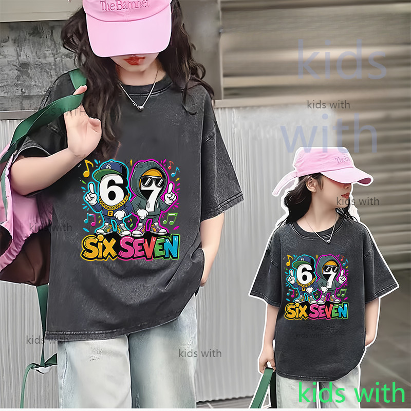 เสื้อยืดเด็กผู้หญิงสำหรับฤดูร้อนรุ่นใหม่ ดีไซน์ลายการ์ตูนแบบซักแล้ว ทำจากผ้าฝ้ายแท้ แขนสั้น ทันสมัยและอินเทรนด์