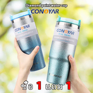 [ซื้อ 1 แถม 1] CONOYAR สแตนเลสแท้304 รับประกันไอน้ำไม่เกาะแก้ว 30ozแก้วเก็บความเย็น ขนาด กระบอกน้ำ มีหลอดดูด T01291