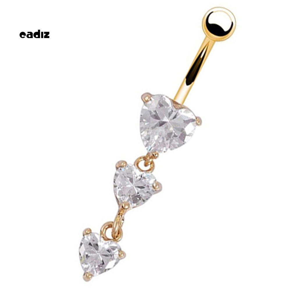 CADI Body Piercing Gold Navel Rings 3 Heart Crystal Clear Dangle Belly Button Rings