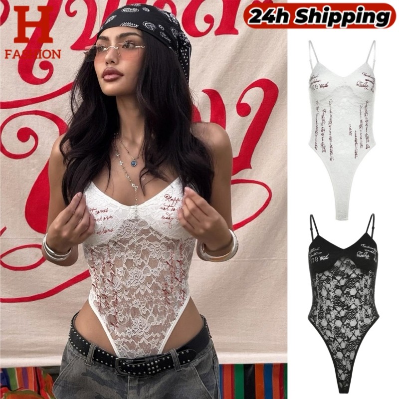HOT 'พร้อมส่ง' เสื้อบอดี้สูท ผ้าลายลูกไม้ ดีเทลสกรีนตัวหนังสือ มีฟองน้ำ FY2916#1