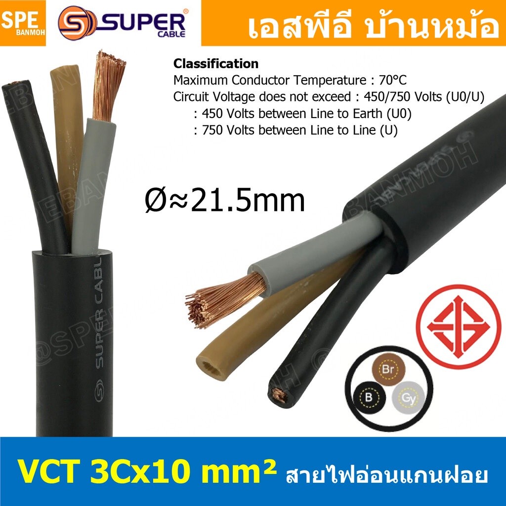 [ 1 เมตร ] VCT 3X10.0 สายคอนโทรลเมน สายอ่อน 3Cx10 mm2 Flexible annealed copper สายไฟเดินเมน 3คอร์ 10