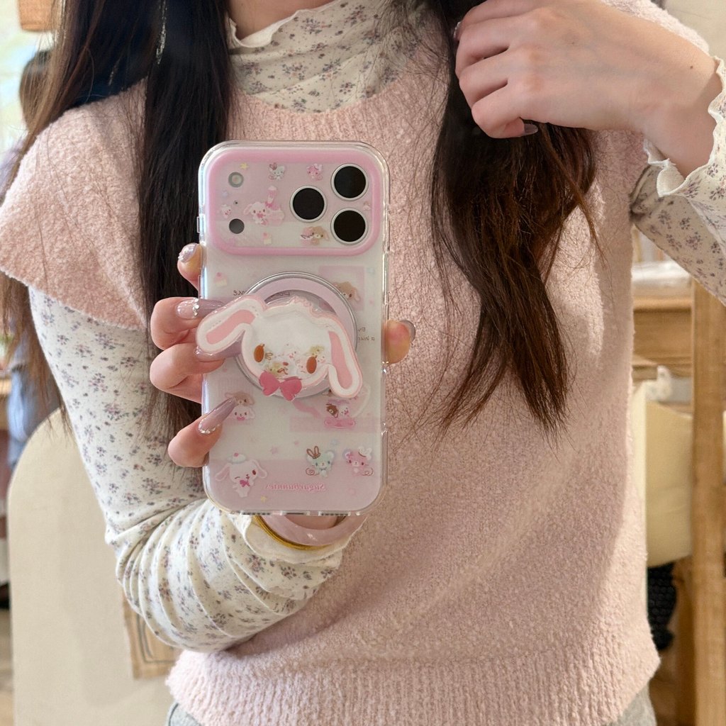 สําหรับ iPhone 17 15 16 pro max กรณี ins น่ารักสีชมพูสาวหัวใจขนมกระต่ายเขย่าเพลงวงเล็บแม่เหล็ก 17pro