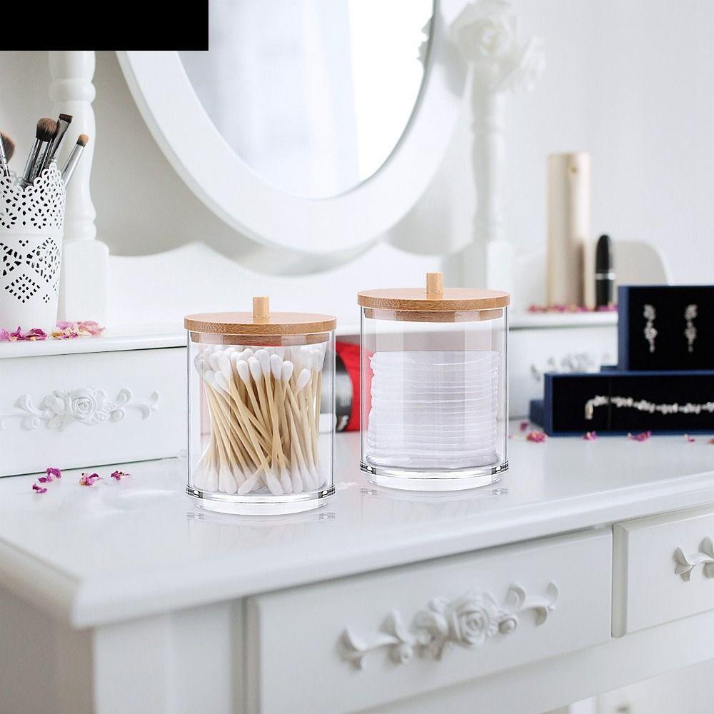 RIVERSTONE Qtips Holder Cotton Pad เครื่องสําอางแต่งหน้าคอนเทนเนอร์อะคริลิคพร้อมฝาปิดไม้ไผ่ขวดห้องน้