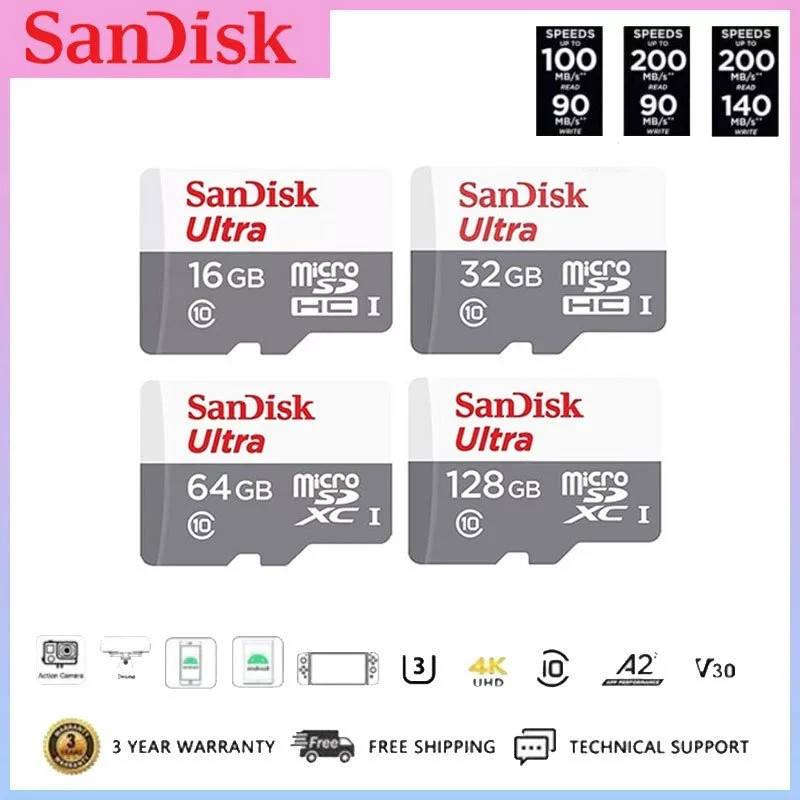 SanDisk Ultra Micro SD Card 32GB/64GB/128GB/256GB/512GB/1TB Class10 ของแท้  กล้องวงจรปิด โทรศัพท์ TF