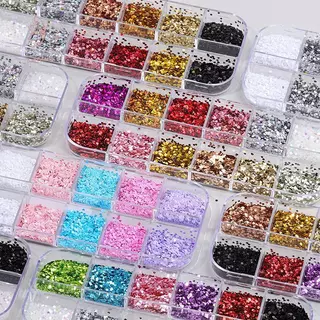 [maybeauty] 12 กริดผสม Star Heart Nail Glitter 1 มม.Star เลื่อมเล็บ DIY สีสันประกายเล็บ Charms อุปกรณ์ตกแต่งเล็บ {TH}