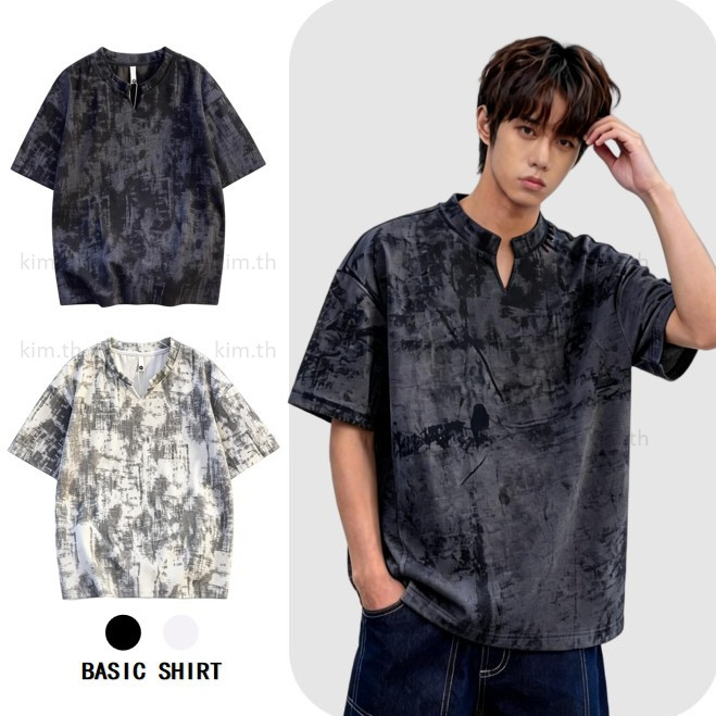 เสื้อยืดหลวม สำหรับผู้ชาย มัดย้อม คอวี ลำลอง เหมาะสำหรับคู่รัก แขนยาว พลัสไซส์