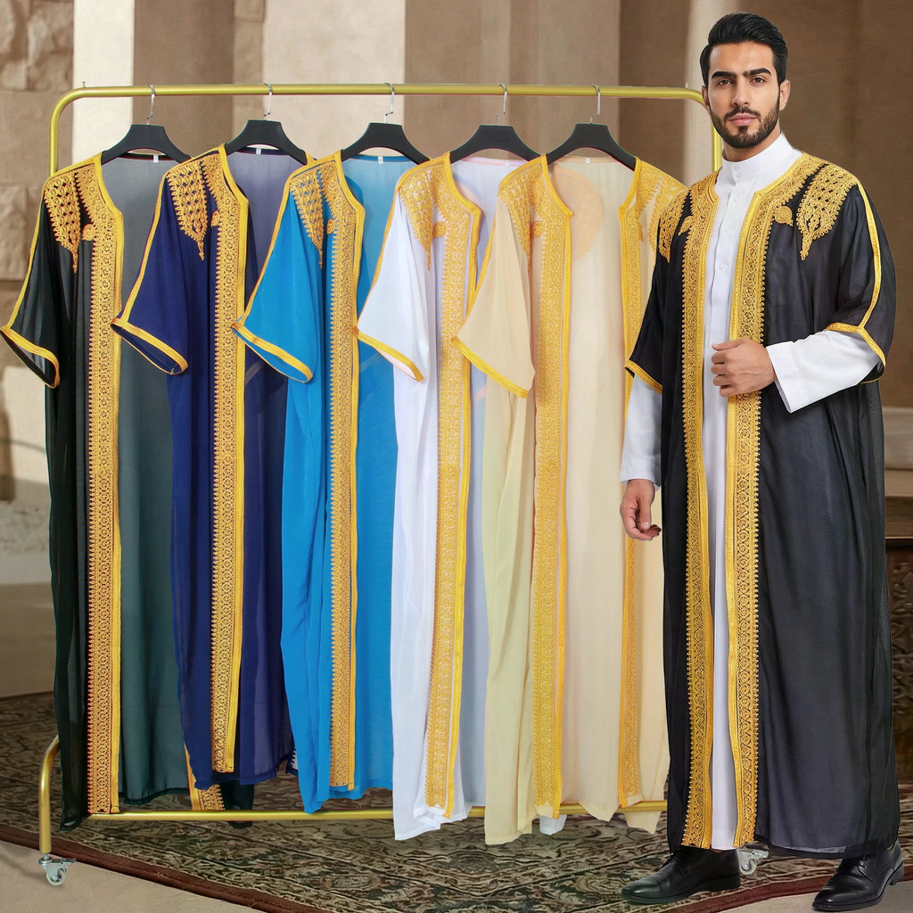 เสื้อคลุมยาวผ้าชีฟองผู้ชาย Eid Ramadan Luxury Djellaba Arabic Traditional Jibbes