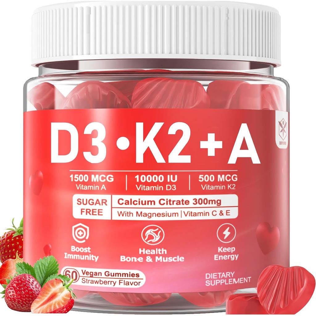 Vitamin D3 + K2 + A Gummies 5000IU/10000 IU - Vitamin D3 Con K2 Supplement with Calcium Magnesium Zi