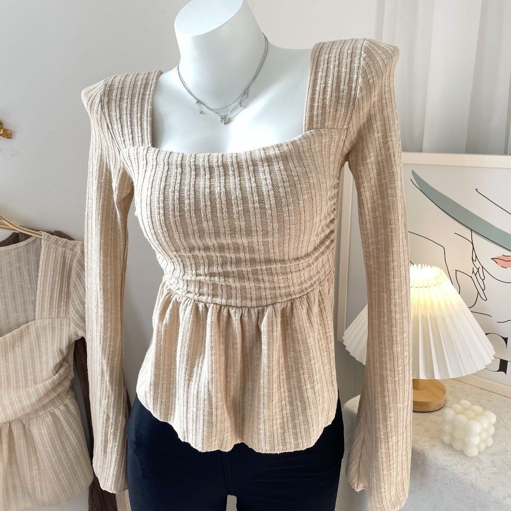 Slim-fit ฤดูใบไม้ร่วงฤดูหนาวผู้หญิงแขนยาว cod Square Bottoming Hem ออกแบบดูแฟชั่น Pit t คอ Baby Sens