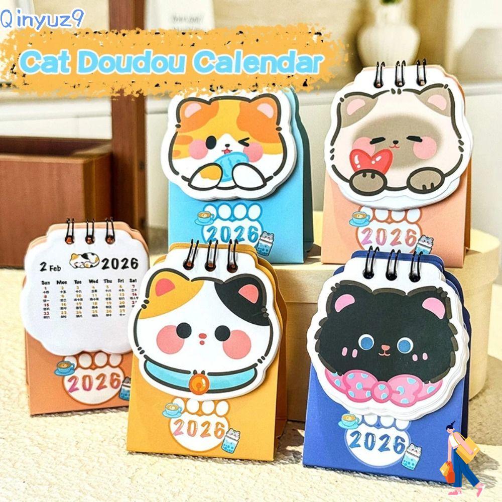 QIYUZ9 Schedule Planner, แบบพกพาการ์ตูนแมว 2026 ปฏิทินตั้งโต๊ะ, คอยล์น่ารัก Mini Schedule Mark Daily