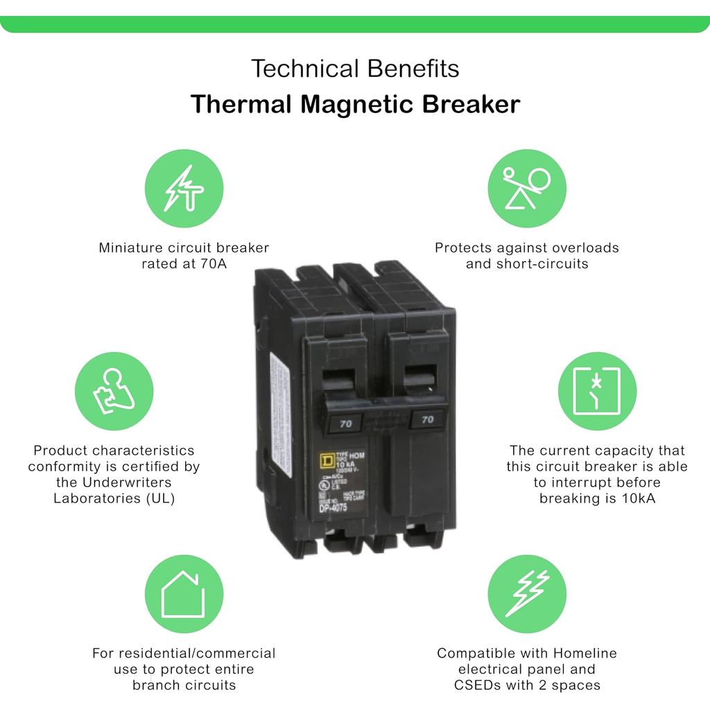 Square D by Schneider Electric Homeline 70 Amp Mini Circuit Breaker, 2 Pole, 120/240V AC, 10kA Break