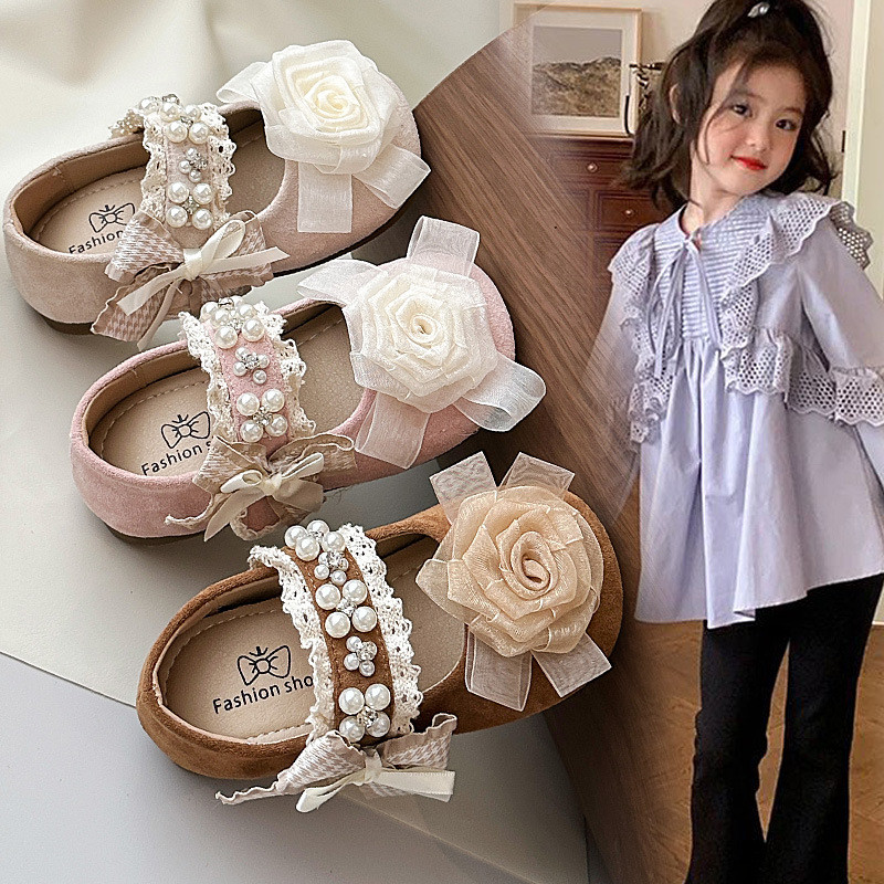 女童小皮鞋春网纱玫瑰花朵单鞋女孩水钻珍珠蝴蝶结公主鞋Girls Small Leather Shoes Spring Mesh Rose Flower Shoes Womentevkykw123th2