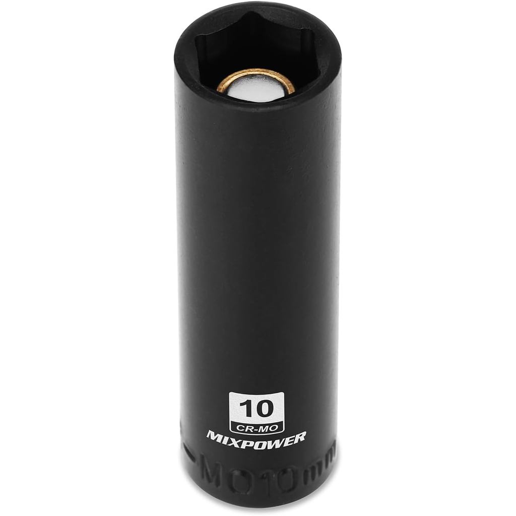 MIXPOWER 1/4" Drive Deep Magnetic Impact Socket, 6 Point, 10mm, Metric, CR-MO