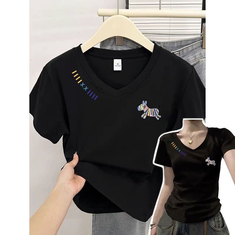 NASAROAD240G100% ผ้าฝ้ายด้านหน้าไหล่แขนสั้นเสื้อยืดผู้หญิงฤดูร้อน V คอ Slim-Fit Slimmer ดูด้านบน NAS