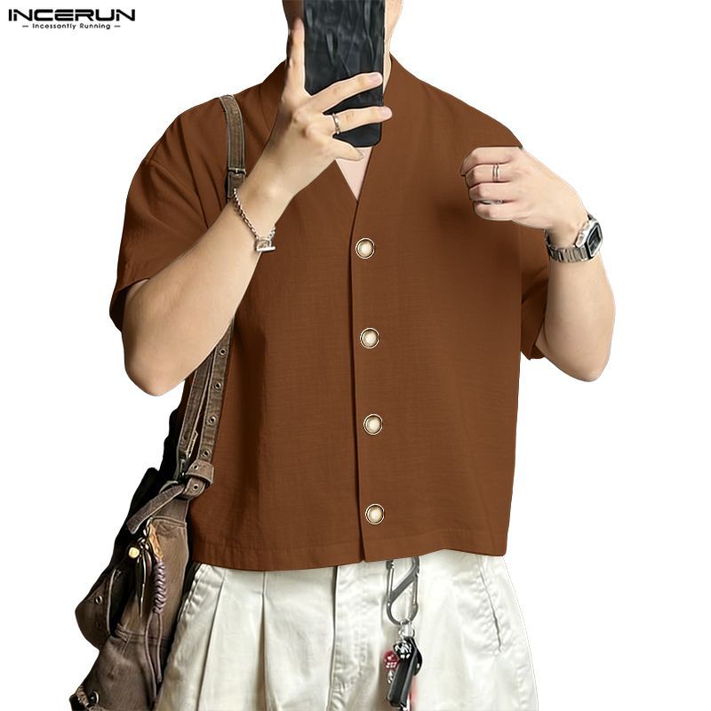 เสื้อเชิ๊ตผู้ชาย สไตล์เกาหลีคลาสสิก คอวี พอดีตัว แขน короткий цвет спắnдекоративный