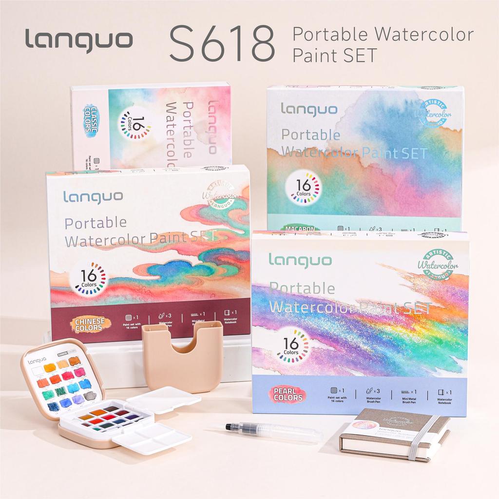 ชุดสีน้ําขนาดเล็ก 16 สีทึบแบบพกพา All-in-One Art Kit เริ่มต้น Travel Sketching