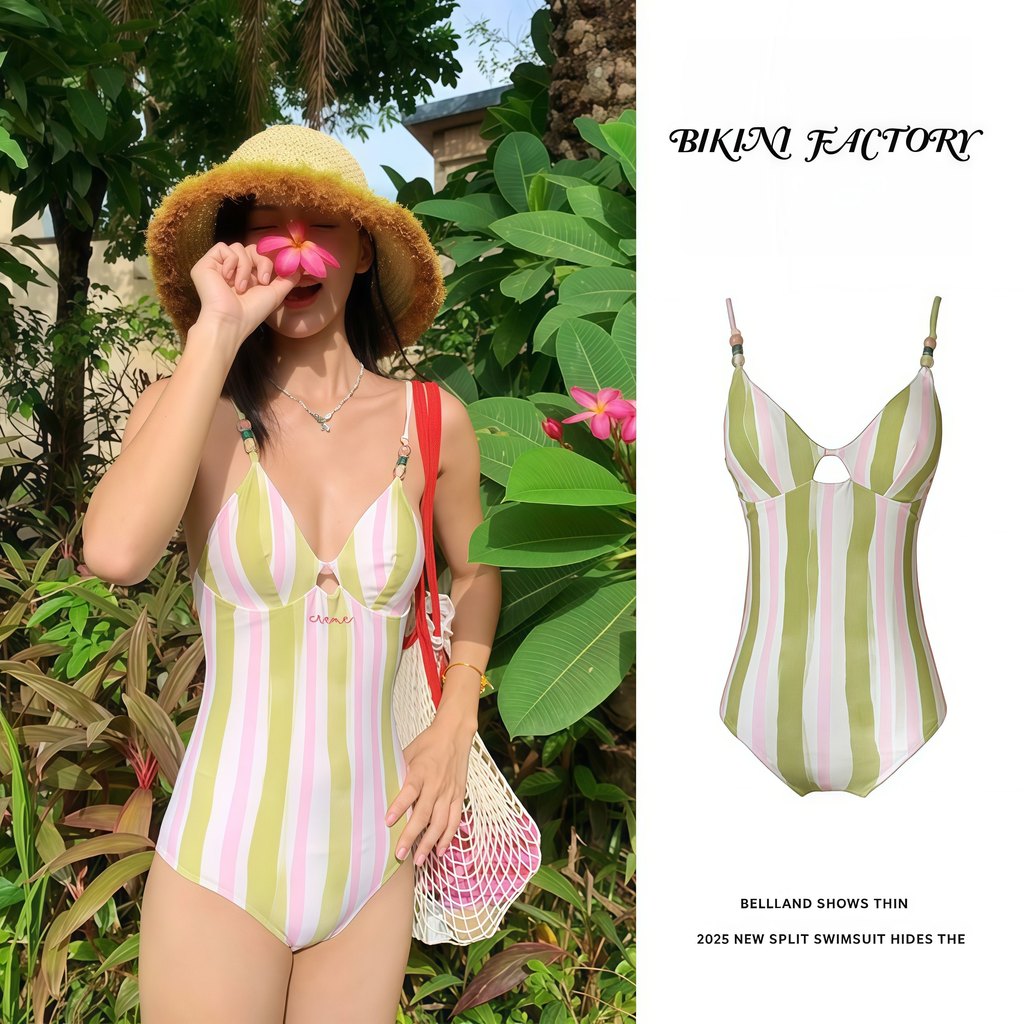 🌤จัดส่งตอนนี้🌤ชุดว่ายน้ำผู้หญิง วันพีช swimsuit ลายทาง เว้าหลัง มีฟองน้ำ 🍀 มีไซส์ M-XL | น้ำหนัก 40-65 กก.  Y353