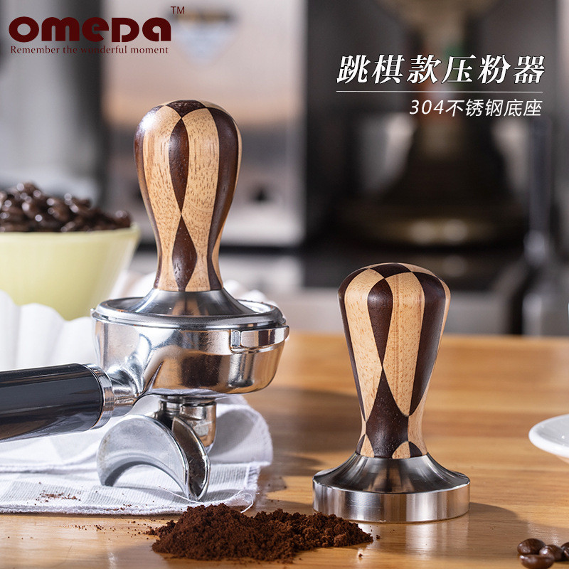现货不锈钢咖啡压粉器压粉锤咖啡定力压粉棒58/51mm红檀木手柄布粉器Stainless steel coffee tamper, tamper for espresso, consistent ta