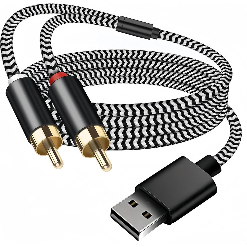 สายสัญญาณเสียง USB เป็น RCA, USB 2.0 Male to 2 R CA Male Stereo Audio Cable Converter, Nylon Braided