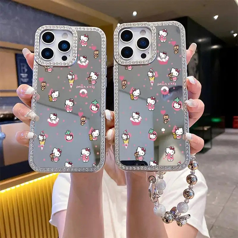 คริสตัลเพชรชุบกระจกเคสโทรศัพท์ Hello Kitty สําหรับ iPhone 13 14 15 16 12 13PRO 14PRO 15PRO 16PRO 13P
