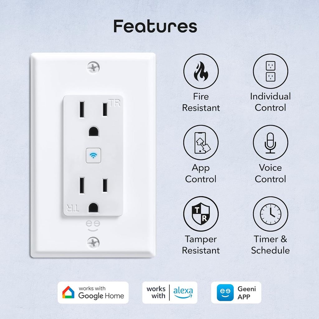 Geeni Smart WiFi in-Wall Outlet สีขาว 4 แพ็ค – ปลั๊กไฟอัจฉริยะ 2 ช่อง ใช้ได้กับ Alexa & Google Home,