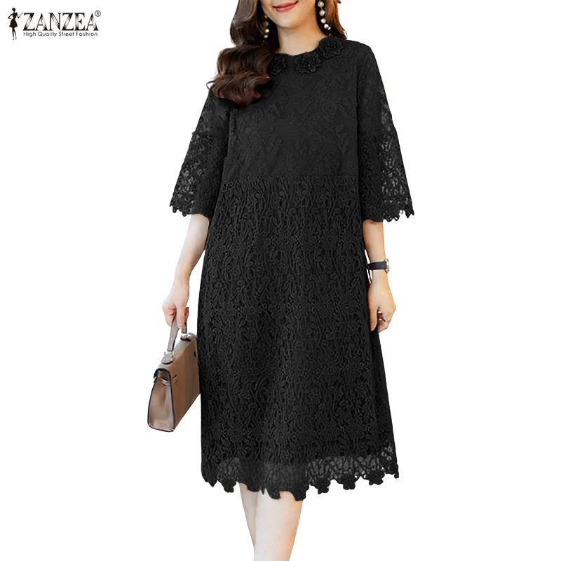 ZANZEA ชุดเดรสผู้หญิงสไตล์เกาหลีหรูหรา แขนสามส่วน Crochet ลายลูกไม้กลวง A-line ทรงหลวม สไตล์ดูหรูหราและสวมใส่ง่าย