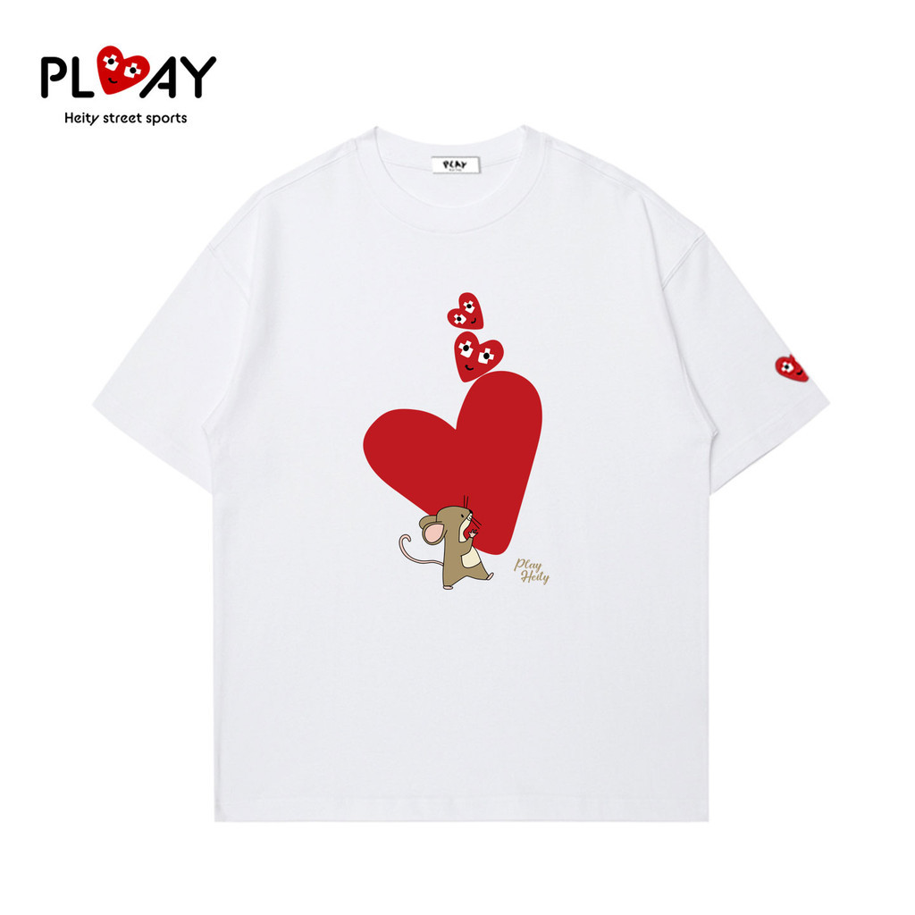 C CDG PLAY แขนสั้นผ้าฝ้ายสร้างสรรค์เมาส์ยกหัวใจสีแดงพิมพ์รอบคอ Joker เสื้อยืด