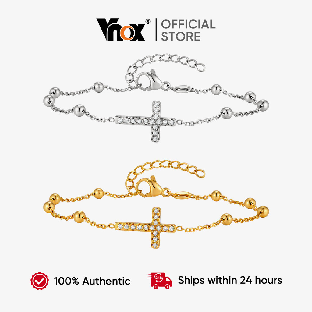 Vnox Beaded Cross Zircon Bracelet – Christian Faith Jewelry Gift for Women