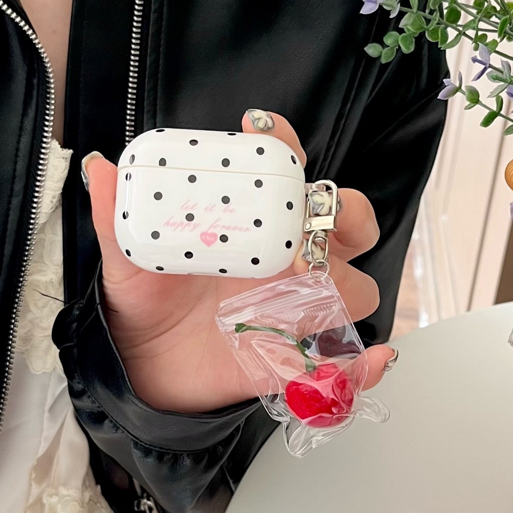 Ins Full Screen Polka Dots หูฟังพร้อมจี้เชอร์รี่สําหรับ AirPods 4 AirPods 3 Pro 2 Pro 1Pro AirPods 3