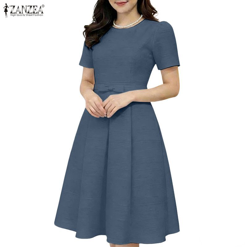 ZANZEA ชุดเดรสคอกลมแขนสั้น สไตล์เกาหลี สวมใส่ง่าย