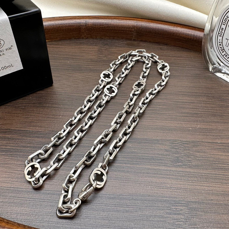 T1G2 Gu**i Sterling Silver925Retro Distressed6G Interlocking Necklace for Men, Stylish Choker