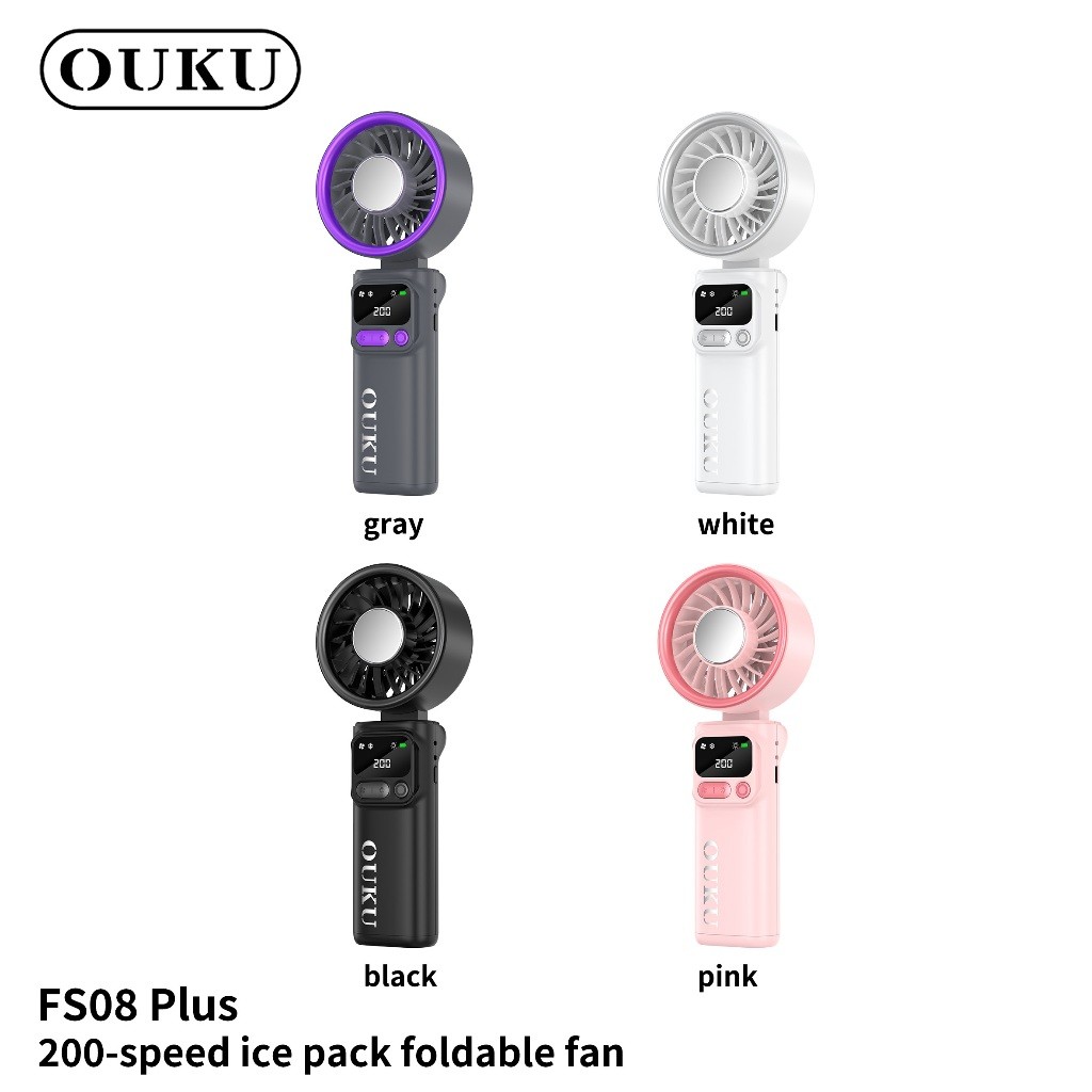 OUKU FS08 Plus พัดลมมือถือ ระบบไอเย็น พับได้ 90° ปรับแรงลม 200 ระดับ มีไฟฉาย ชาร์จ Type-C พัดลมไอเย็