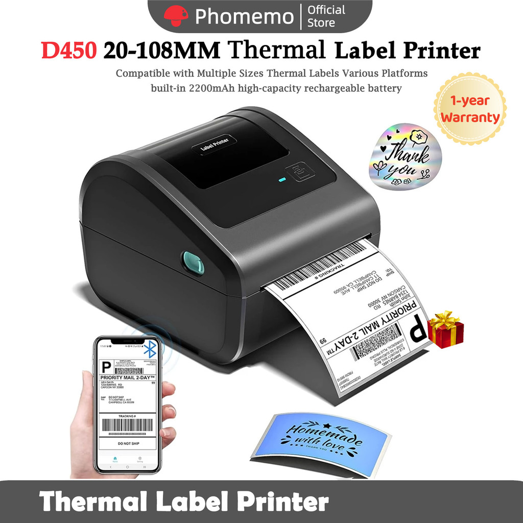 เครื่องพิมพ์ Phomemo A6 Waybill, เครื่องพิมพ์บาร์โค้ดความร้อนบลูทู ธ + USB D450BT