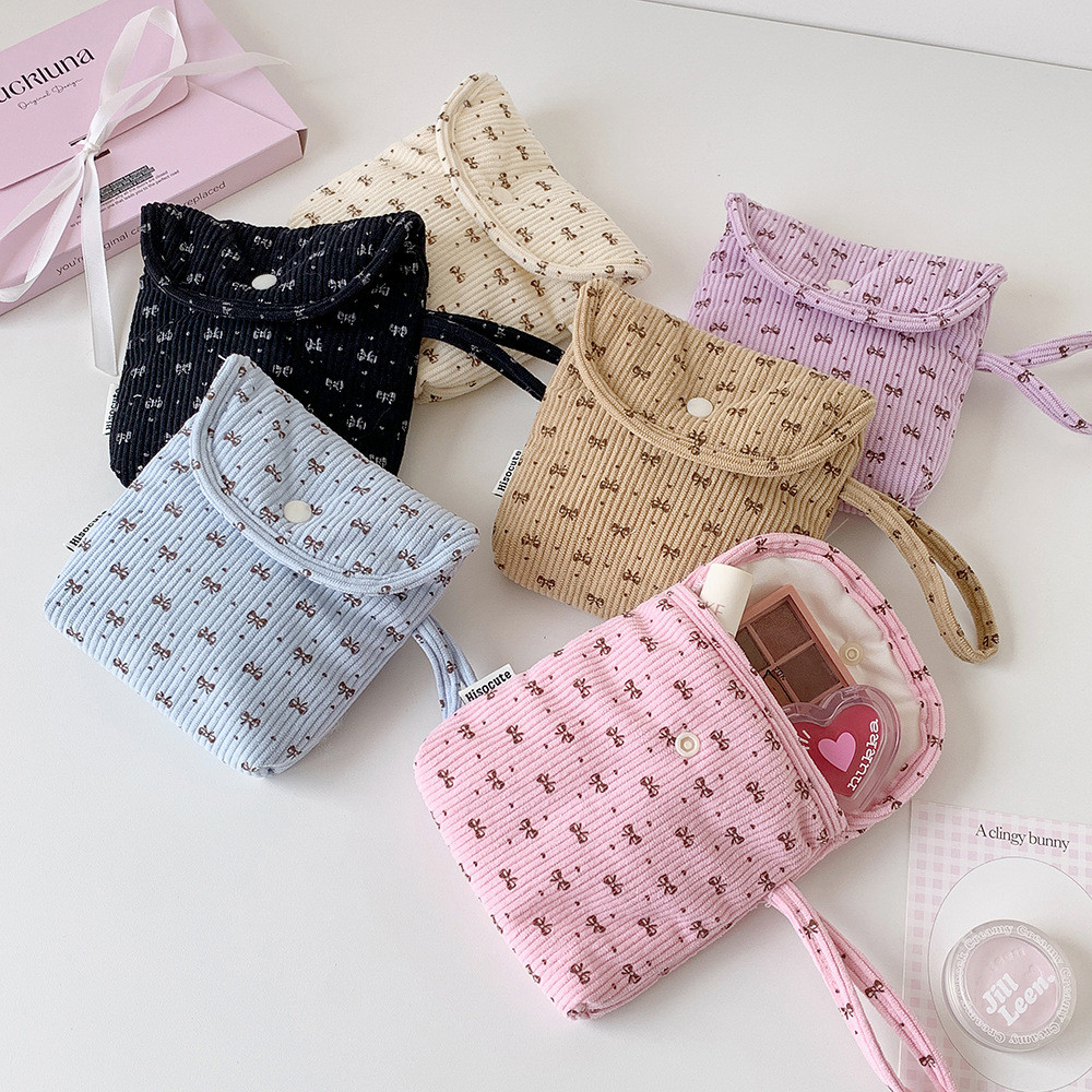 Corduroy Storage Pouch Student-Style Snap-Closure Red Pouch Travel-Friendly Makeup Bag
