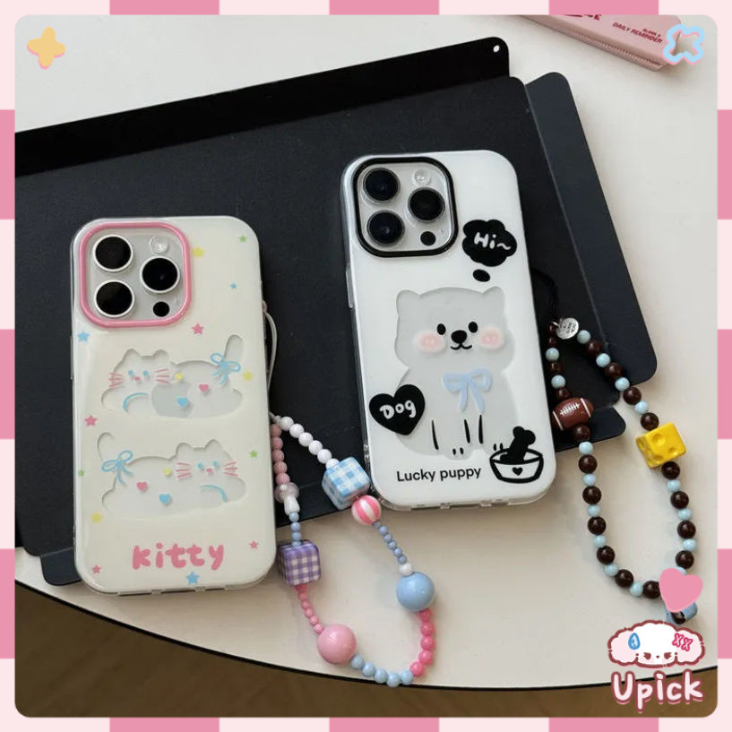 Upick-ลูกสุนัขลูกแมวน่ารักรักหัวใ เคส For IPhone 16 11 14 13 15 12 16 17 ProMax 7Plus 8 14 7 17 Plus X XS Max XR SE2020