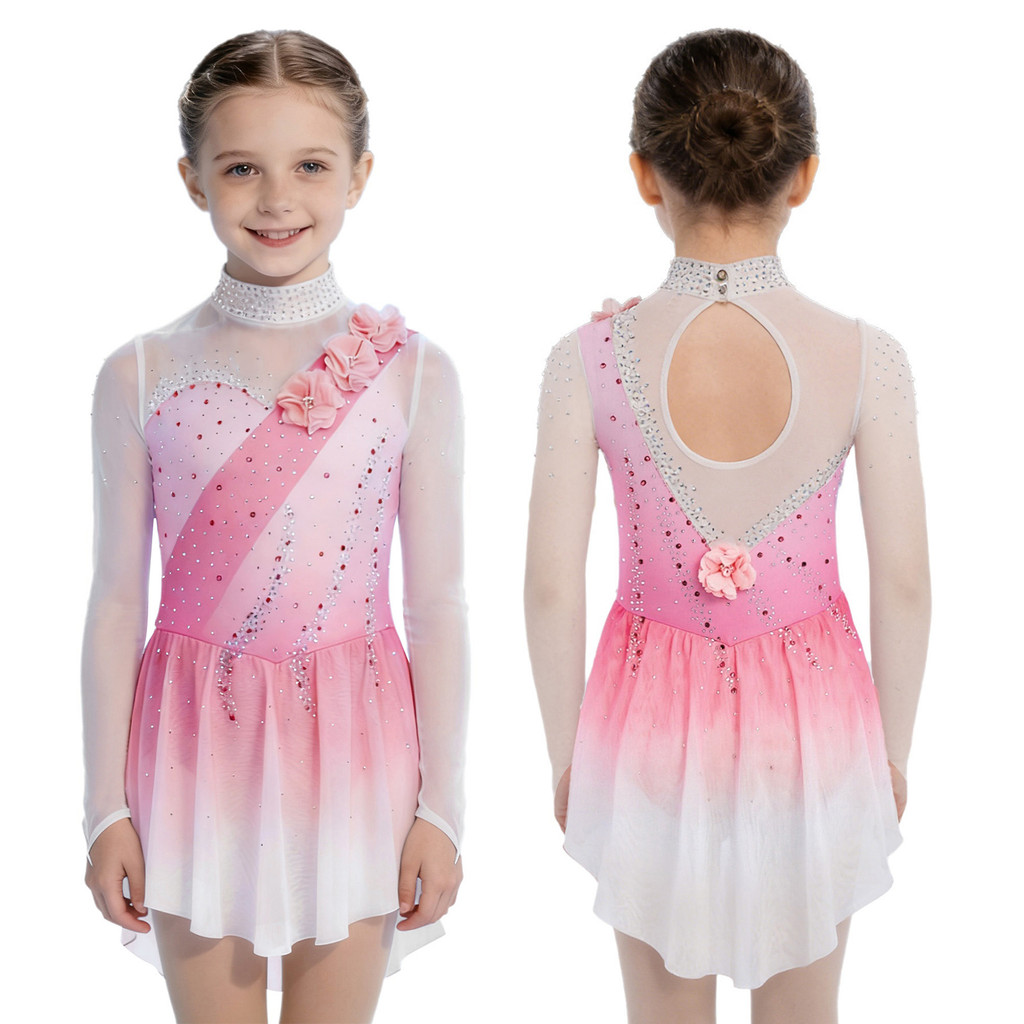 Yeahdor เด็กสาวรูปสเก็ตเครื่องแต่งกายจําลองคอ Cutout กลับ Sheer ตาข่าย Patchwork แขนยาว 3D ดอกไม้ Rhinestones Gradient สีเต้นรําชุด ราคา ถูกที่สุด ดีลบีเคเค แกลเลอรีภาพที่ 4