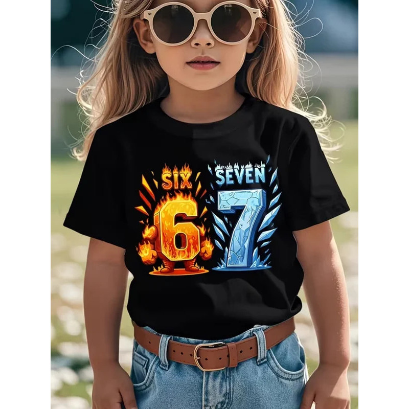 เสื้อยืดลายมีม Fun Six Seven 6 7 สำหรับเด็ก สไตล์ตลกขบขัน Y2k พร้อมข้อความเกม เสื้อยืดคอกลมลำลอง แฟช