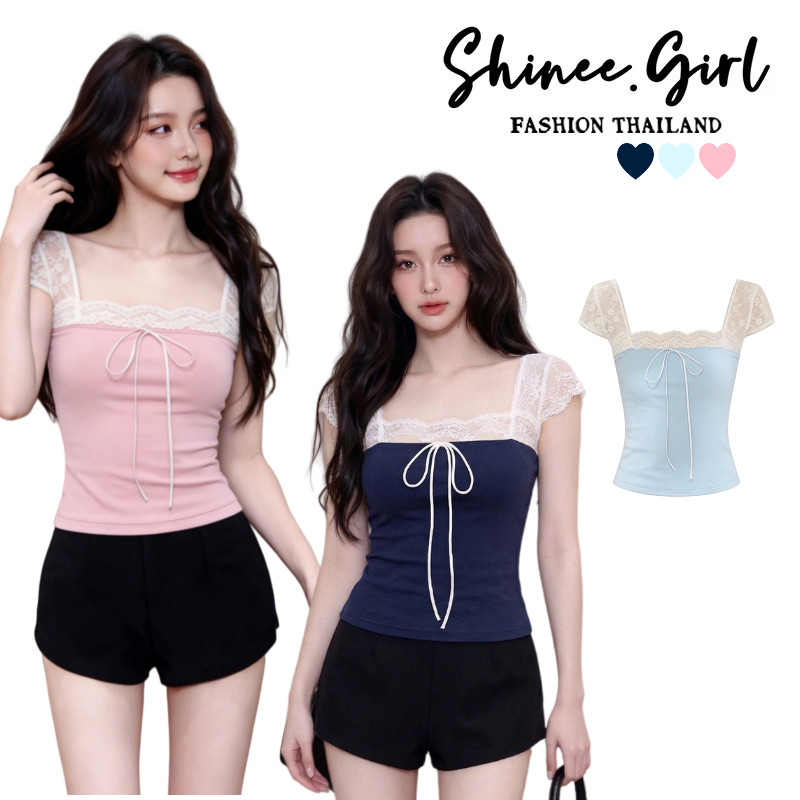 SHG🎀พร้อมส่ง🎀เสื้อครอปแขนสั้นผู้หญิงสไตล์ฝรั่งเศส แต่งลูกไม้โบว์น่ารัก เสื้อยืดคอสี่เหลี่ยมทรงรัดรูป ทันสมัยสวยงาม