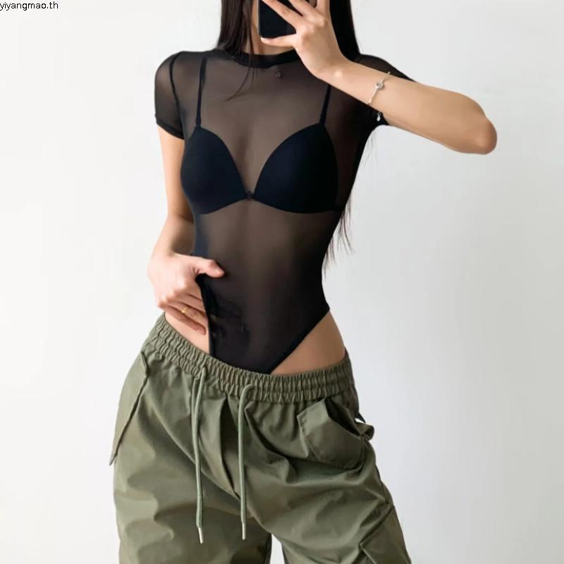 บอดี้สูทสาวอวบ บอดี้สูทผู้หญิงมีฟองน้ำ Jumpsuit สไตล์ใหม่สำหรับฤดูร้อน แขนสั้น รอบคอดูดี วัสดุผ้าก๊o