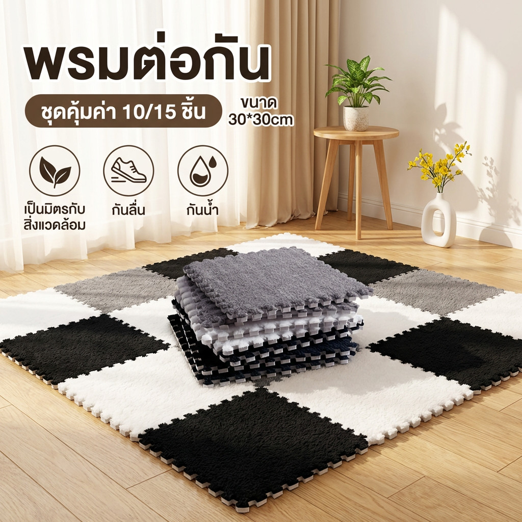 【พร้อมส่ง】HN พรมจิ๊กซอว์ Set 20ชิ้น พรมปูห้องนอน 30x30 ซม.แถมขอบปิดทุกชิ้น กันลื่น ปราศจากกลิ่น ซักทำความสะอาดได้