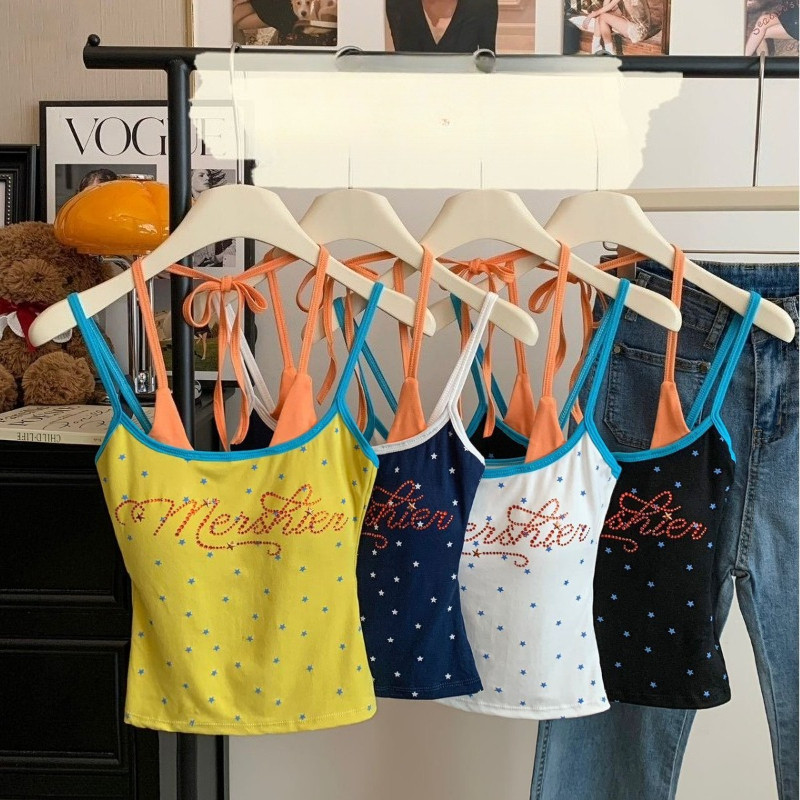 Retro Hot Diamond Letter Printing Star Full Print Camisole Summer Sleeve Top
