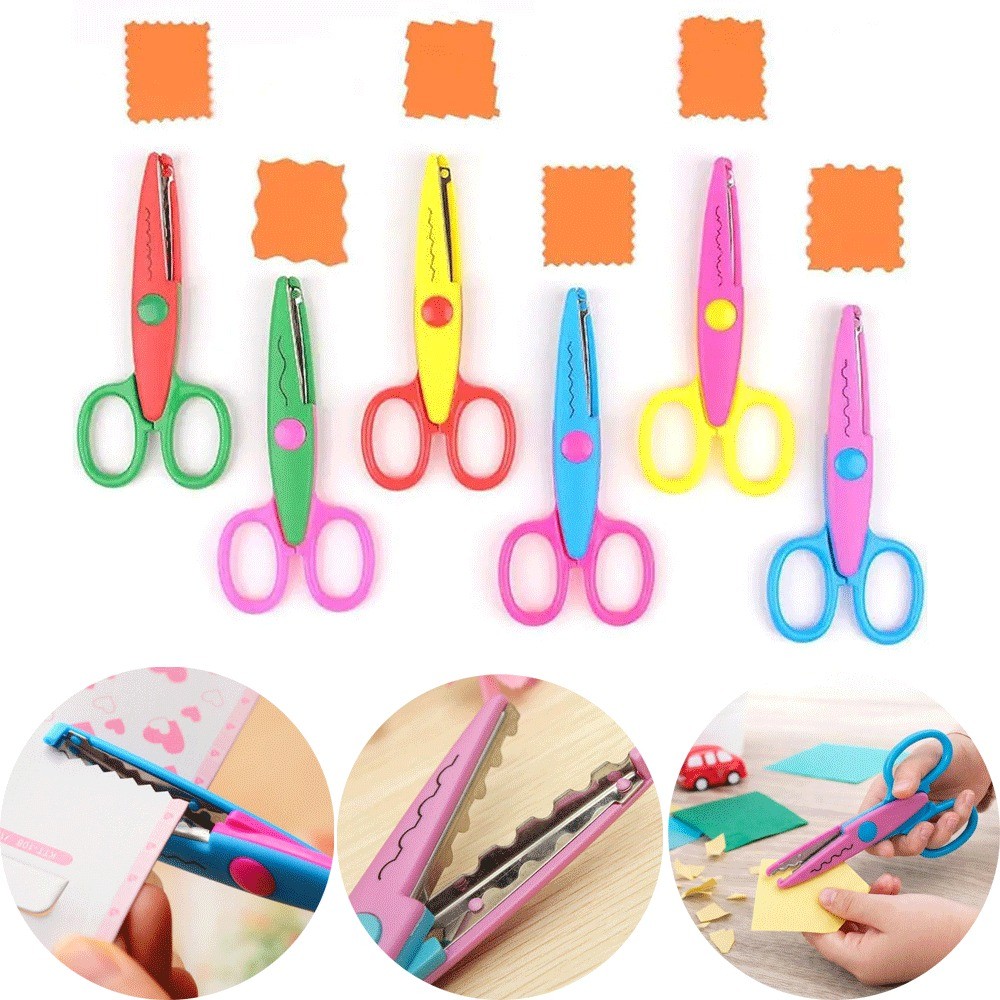 6PCS ตกแต่งขอบกรรไกรชุดสแตนเลสปลอดภัยเด็กหัตถกรรมกรรไกรสําหรับตัดกระดาษสมุดภาพ DIY