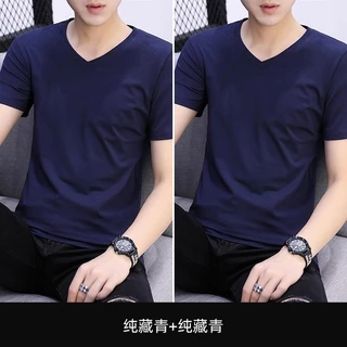 เสื้อยืดแขนสั้นผู้ชาย แบบคอวีบาง สไตล์ลำลอง สีทึบ ทรงกระโปรงสั้น