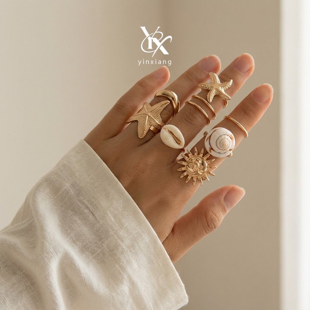 YX Ocean Boho ปลาดาวเปลือกดอกทานตะวันแหวนชุด 9 ชิ้น Y2K Beach วันหยุดเครื่องประดับความงาม Punk น่ารัก Statement ของขวัญสําหรับผู้หญิงหญิง