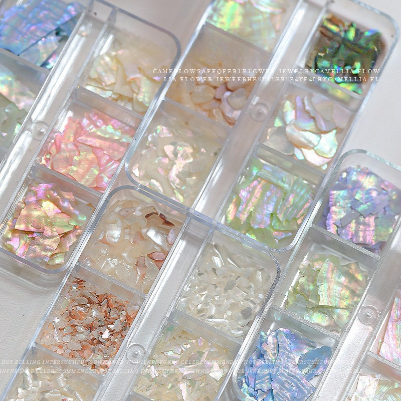 เปลือกหอยแท้ แบบบาง สีออโรร่า ตกแต่งเล็บเจล กล่อง6ช่อง อุปกรณ์ตกแต่งเล็บ เปลือกหอยแตก วิบวับ บางพิเศษ