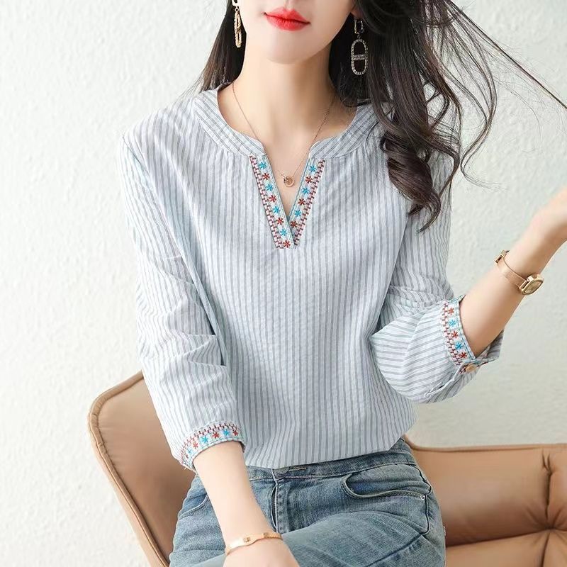 2026 แฟชั่น 2026 High-End Pure Cotton Three-Quarter Sleeve Blue Striped เสื้อผู้หญิงฤดูใบไม้ผลิฤดูร้